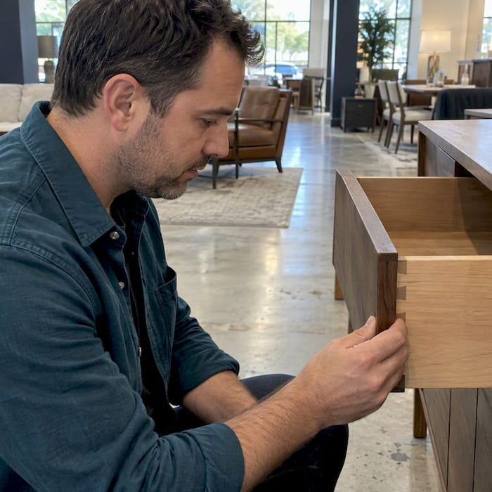 Shopper checking dovetail joints in a showroom drawer