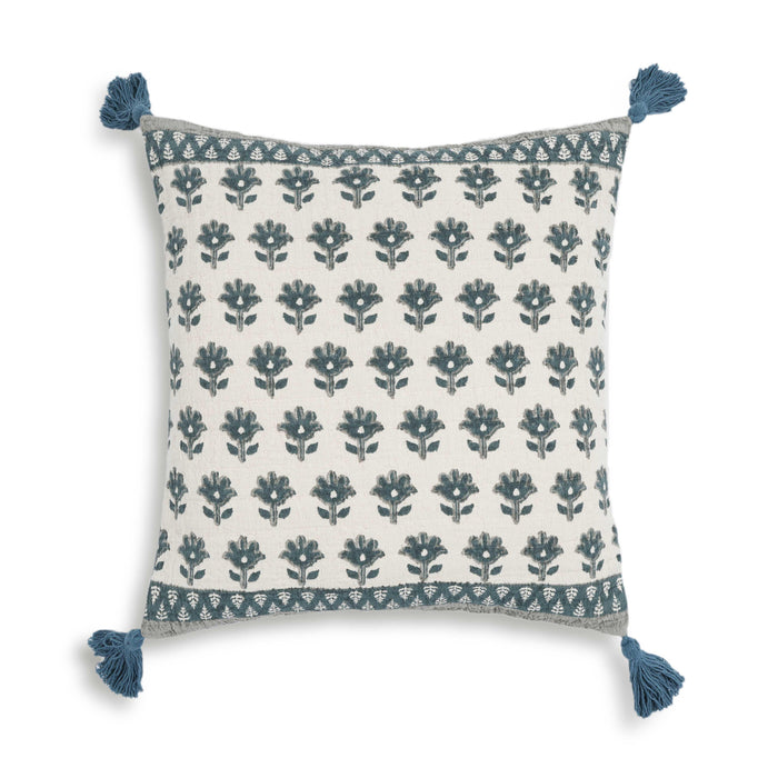 Blossom - 20" Printed Cotton Tassel Accent Cushion - Blue