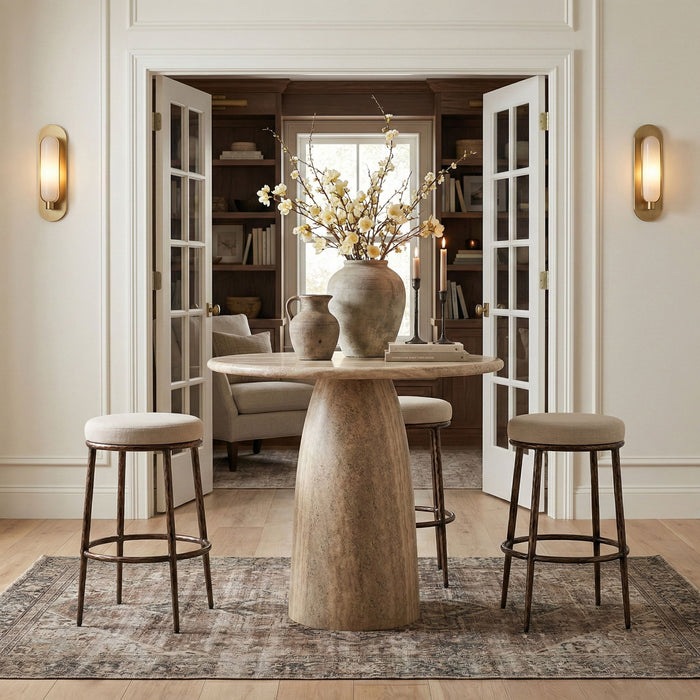 Ferro - Performance Fabric Upholstered Backless Bar Stool - Cream / Antique Bronze